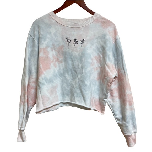 Hollister Tops - HOLLISTER Crop Boyfriend Crewneck Tie Dye Sweatshirt EMBROIDERED Flowers Sz M